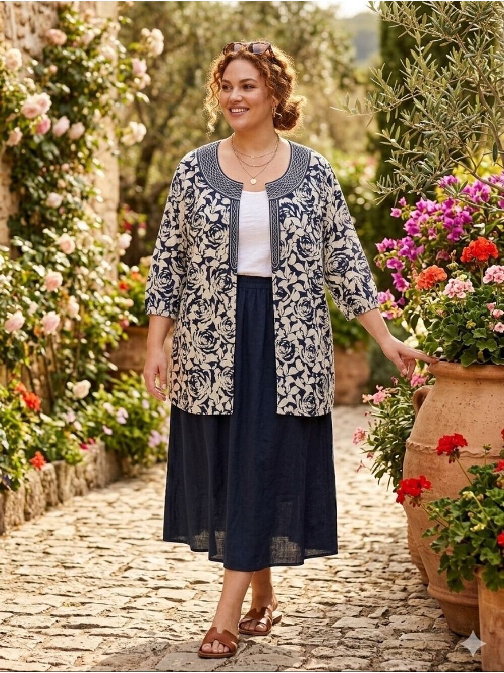 Saint Tropez West Navy & White Floral Linen Blend Jacket Size 3X Boho